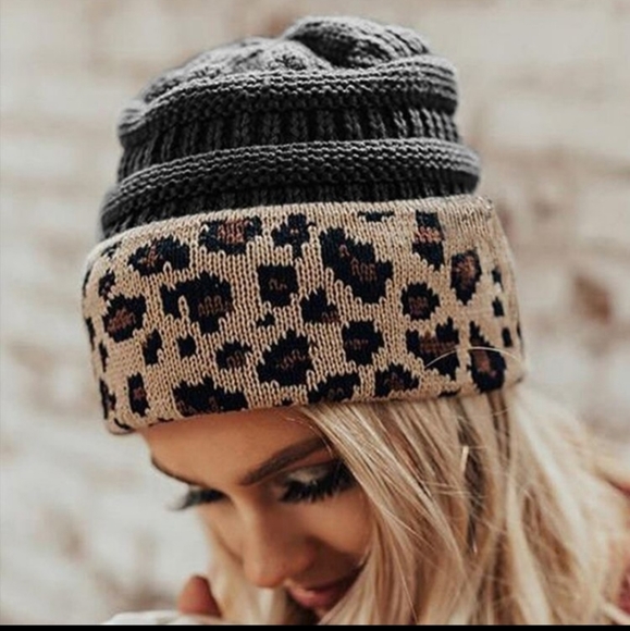 Warm and cozy C.C. black with leopard print winter beanie hat. - Picture 2 of 8